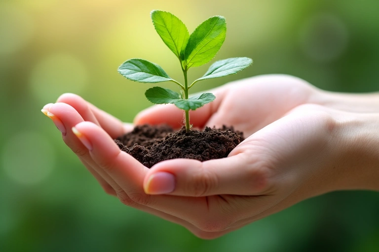 Mână care ține o plantă mică, simbolizând grija pentru natură și sănătate