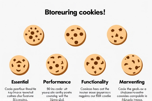 Diagramă cu tipuri de cookie-uri: esențiale, de performanță, de funcționalitate, de marketing