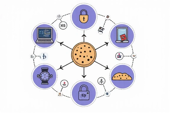 Ilustrație cu simboluri de cookie-uri și date digitale