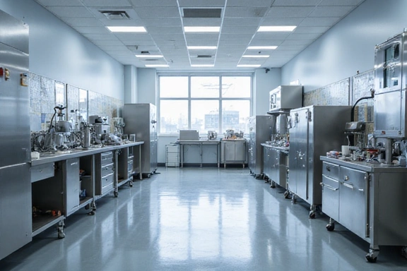 Imagine cu o instalație de producție modernă și curată, cu echipamente de laborator.
