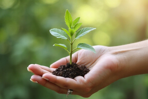 Mână care ține o plantă verde, simbolizând angajamentul GlucoVital față de natură și sănătate.