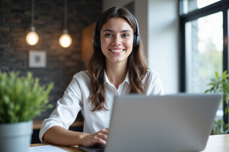 O persoană care utilizează un laptop, simbolizând comunicarea și suportul clienților