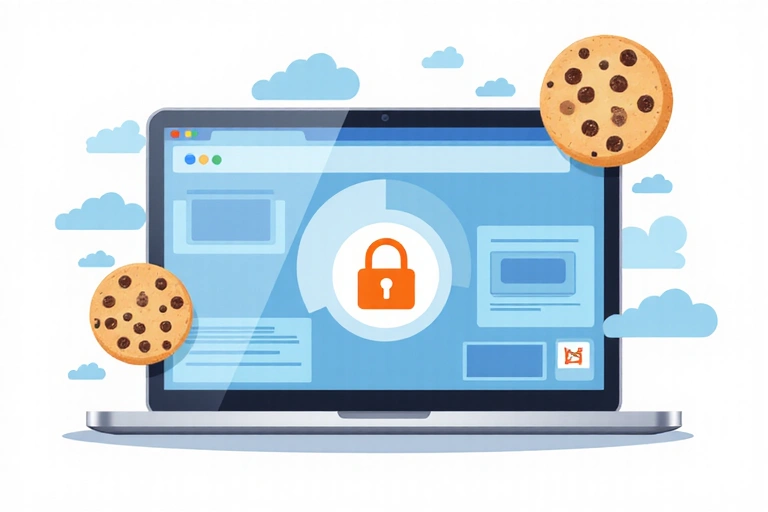 Ilustrație a unui browser web cu iconițe de cookie-uri și confidențialitate