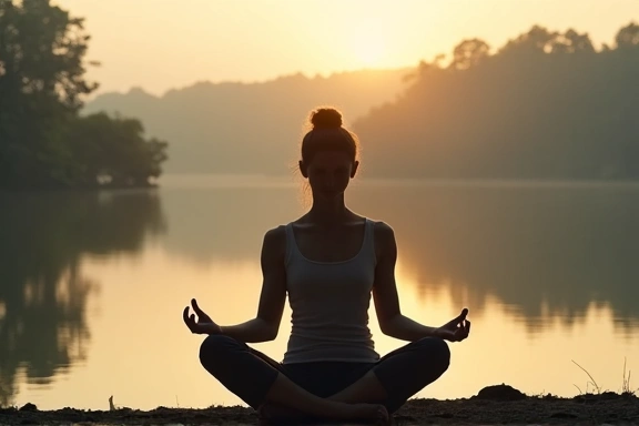 Femeie meditând într-un peisaj natural calm