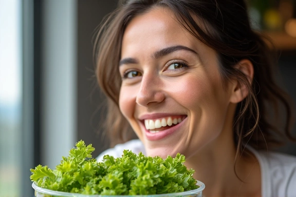 Femeie zâmbind, mâncând salată proaspătă