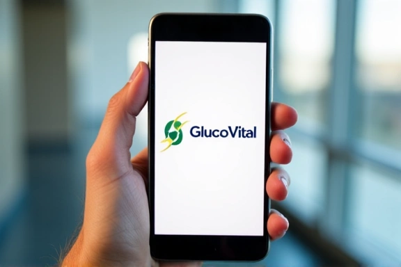 Mână ținând telefon cu logo-ul GlucoVital